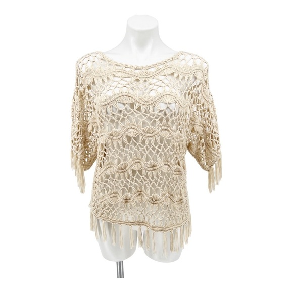 CHICO'S SIZE 0 LADIES KNITTED HANDMADE BEIGE "MACRAME" CROCHET SWEATER TOP - Picture 1 of 8